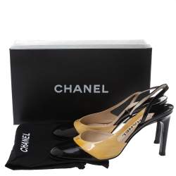 مملوكة مسبقًا Chanel Beige/Black Patent Leather Cap Toe Slingback Sandals Size 38