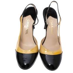 مملوكة مسبقًا Chanel Beige/Black Patent Leather Cap Toe Slingback Sandals Size 38