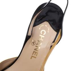 مملوكة مسبقًا Chanel Beige/Black Patent Leather Cap Toe Slingback Sandals Size 38