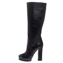 Chanel Black/Navy Blue Leather CC Knee Cap Toe Length Boots Size 35.5