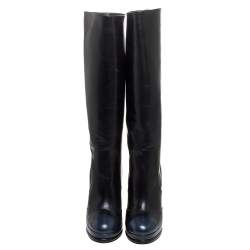 Chanel Black/Navy Blue Leather CC Knee Cap Toe Length Boots Size 35.5