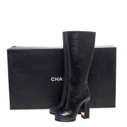 Chanel Black/Navy Blue Leather CC Knee Cap Toe Length Boots Size 35.5