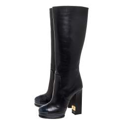 Chanel Black/Navy Blue Leather CC Knee Cap Toe Length Boots Size 35.5