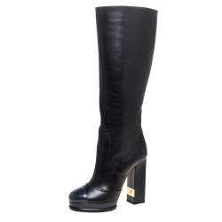 Chanel Black/Navy Blue Leather CC Knee Cap Toe Length Boots Size 35.5
