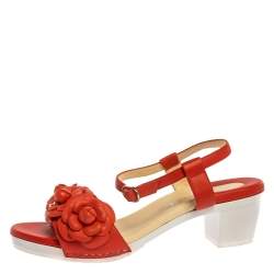 Pre Owned Chanel Orange Leather Camellia Ankle Strap Sandals Size 38
