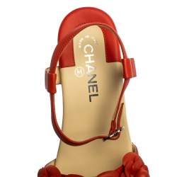 Pre Owned Chanel Orange Leather Camellia Ankle Strap Sandals Size 38