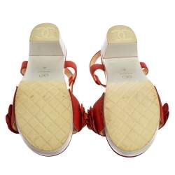 Pre Owned Chanel Orange Leather Camellia Ankle Strap Sandals Size 38