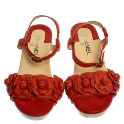 Pre Owned Chanel Orange Leather Camellia Ankle Strap Sandals Size 38
