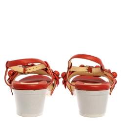 Pre Owned Chanel Orange Leather Camellia Ankle Strap Sandals Size 38