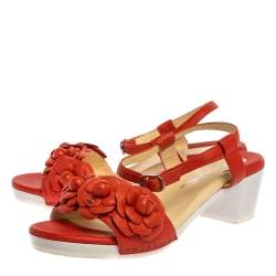 Pre Owned Chanel Orange Leather Camellia Ankle Strap Sandals Size 38