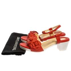 Pre Owned Chanel Orange Leather Camellia Ankle Strap Sandals Size 38