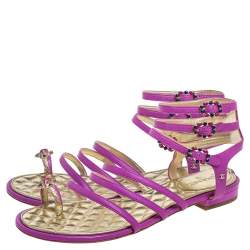 Chanel Purple Leather Embellished Toe Ring Gladiator Flat Sandals Size 38