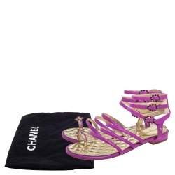 Chanel Purple Leather Embellished Toe Ring Gladiator Flat Sandals Size 38