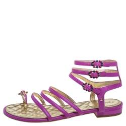 Chanel Purple Leather Embellished Toe Ring Gladiator Flat Sandals Size 38