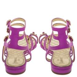 Chanel Purple Leather Embellished Toe Ring Gladiator Flat Sandals Size 38