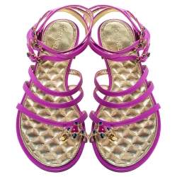 Chanel Purple Leather Embellished Toe Ring Gladiator Flat Sandals Size 38
