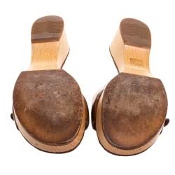 Pre Owned Chanel Brown Patent Leather CC Buckle Detail Wooden Clog Slides Size 40