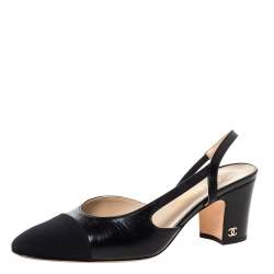 مملوكة مسبقًا Chanel Black Leather And Fabric Cap Toe CC Heel Slingback Sandals Size 37.5