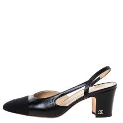 مملوكة مسبقًا Chanel Black Leather And Fabric Cap Toe CC Heel Slingback Sandals Size 37.5