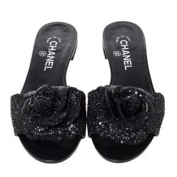 Pre Owned Chanel Black Coarse Glitter Fabric Camellia Embellished CC Flat Slides Size 37.5