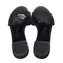 Pre Owned Chanel Black Coarse Glitter Fabric Camellia Embellished CC Flat Slides Size 37.5