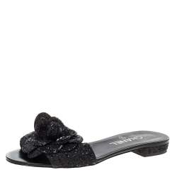 Pre Owned Chanel Black Coarse Glitter Fabric Camellia Embellished CC Flat Slides Size 37.5