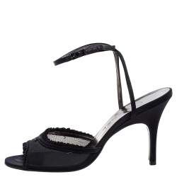 Chanel Black Mesh And Satin CC Open Toe Ankle Wrap Sandals Size 40