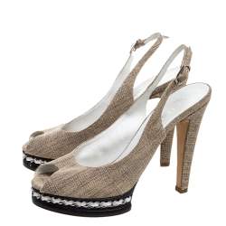 Pre Owned Chanel Beige Canvas And Black Leather Peep Toe Platform Slingback Sandals Size 39.5