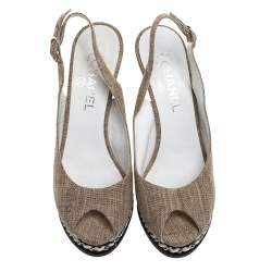 Pre Owned Chanel Beige Canvas And Black Leather Peep Toe Platform Slingback Sandals Size 39.5
