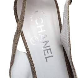 Pre Owned Chanel Beige Canvas And Black Leather Peep Toe Platform Slingback Sandals Size 39.5