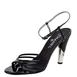 Chanel Black Patent Leather Strappy CC Heel Sandals Size 39 Chanel