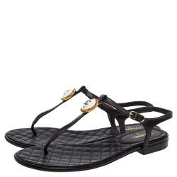 Pre Owned Chanel Black Leather CC Thong Flat Sandals Size 41.5