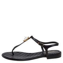Pre Owned Chanel Black Leather CC Thong Flat Sandals Size 41.5