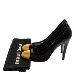Pre Owned Chanel Black/Gold Patent Leather and Mesh Cap Toe Pumps Size 39