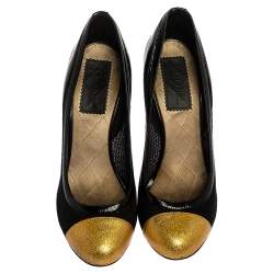 Pre Owned Chanel Black/Gold Patent Leather and Mesh Cap Toe Pumps Size 39