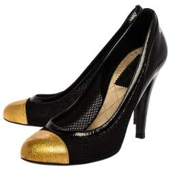 Pre Owned Chanel Black/Gold Patent Leather and Mesh Cap Toe Pumps Size 39