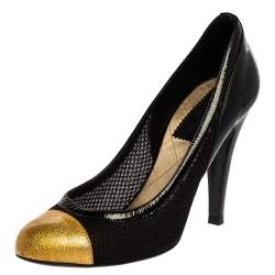 Pre Owned Chanel Black/Gold Patent Leather and Mesh Cap Toe Pumps Size 39