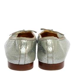 Pre Owned Chanel Silver Python Leather CC Bow Ballet Flats Size 38