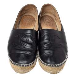 Pre Owned Chanel Black Leather CC Cap Toe Espadrille Flats Size 36