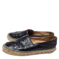 Pre Owned Chanel Black Leather CC Cap Toe Espadrille Flats Size 36
