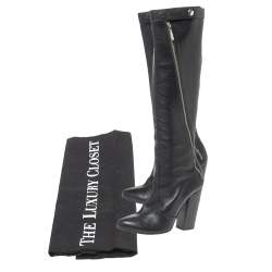Chanel Black Leather Round Toe Block Heel High Boots Size 39