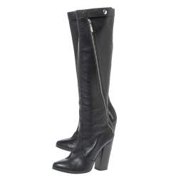 Chanel Black Leather Round Toe Block Heel High Boots Size 39