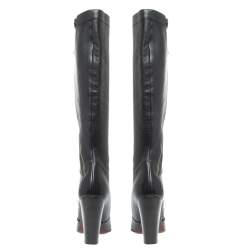 Chanel Black Leather Round Toe Block Heel High Boots Size 39
