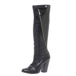 Chanel Black Leather Round Toe Block Heel High Boots Size 39