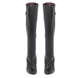 Chanel Black Leather Round Toe Block Heel High Boots Size 39