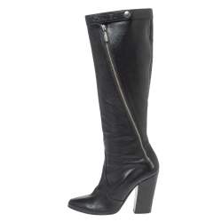 Chanel Black Leather Round Toe Block Heel High Boots Size 39