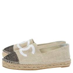 مملوكة مسبقًا Chanel Beige Canvas Sequins CC Cap Toe Espadrille Flats Size 39