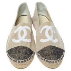 مملوكة مسبقًا Chanel Beige Canvas Sequins CC Cap Toe Espadrille Flats Size 39