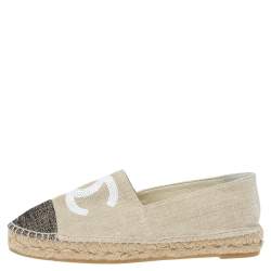 مملوكة مسبقًا Chanel Beige Canvas Sequins CC Cap Toe Espadrille Flats Size 39