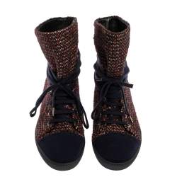 Chanel Multicolor Tweed Fabric Lace Up Ankle Boots Size 39